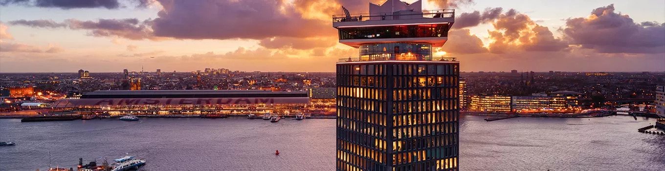 Amsterdam skyline at sunset